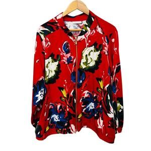 Susan Graver Jacket Womens 3X Floral Bomber Track Red Rose Gold Full Zip Stretch